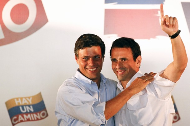 Miranda state Governor Capriles Radonski and Voluntad Popular Lopez attends an event of Venezuela's opposition Democratic Unity coalition
