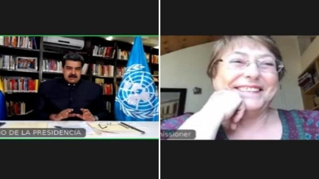 Bachelet sonríe ampliamente mientras habla de derechos humanos con Maduro