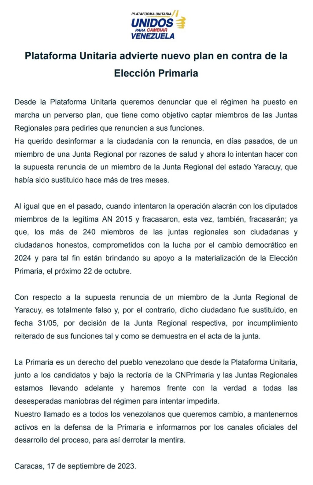 Plataforma Unitaria denuncia nuevo plan del gobierno para impedir la ...