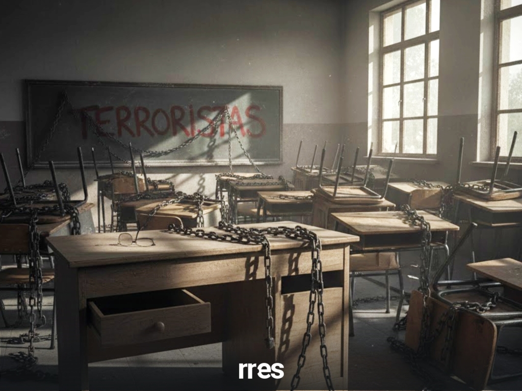 Aula de clases con pupitres y escritorios vacíos y una pizarra con la frase "terroristas"