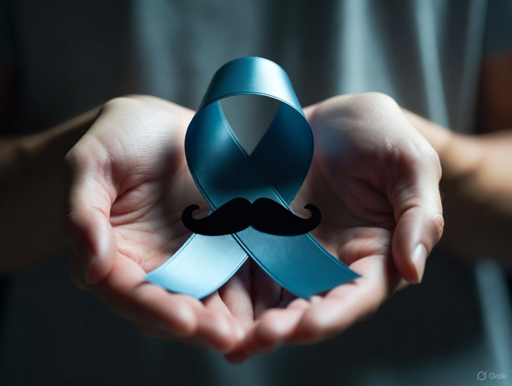 En alusión a Movember, manos masculinas sostienen un lazo azul con bigotes