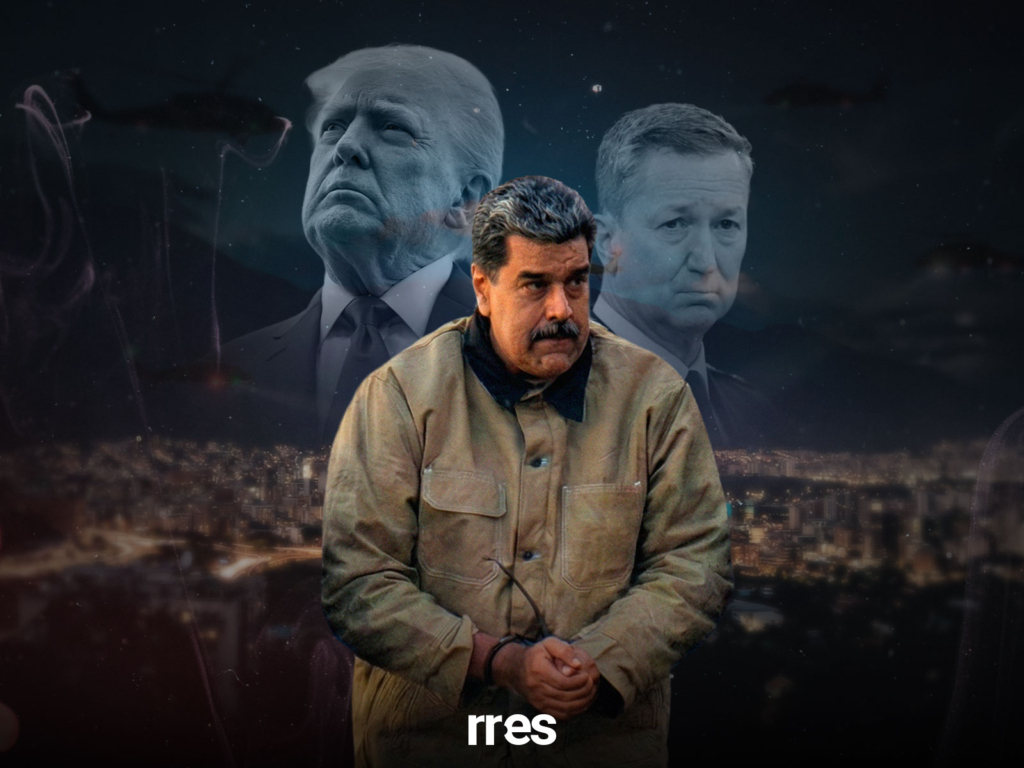 Maduro preso luego de que lo capturaran en su búnker. Trump y Caine al fondo