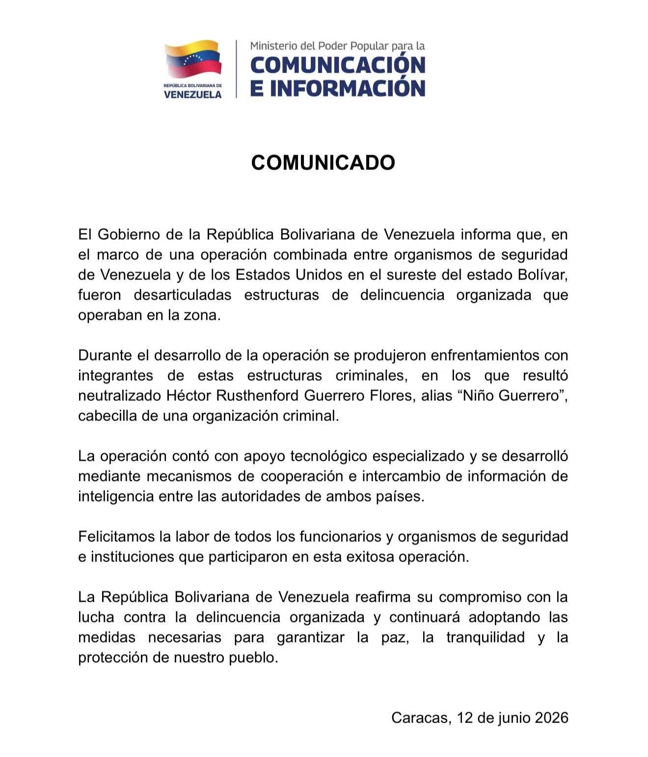 Comunicado Minci sobre Niño Guerrero